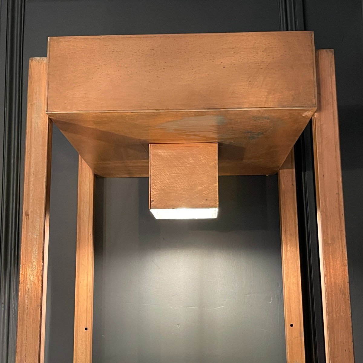 Vintage Illuminated Column Shelf, Copper Steel, Brutalist Industrial Design, Ca 1970-photo-3